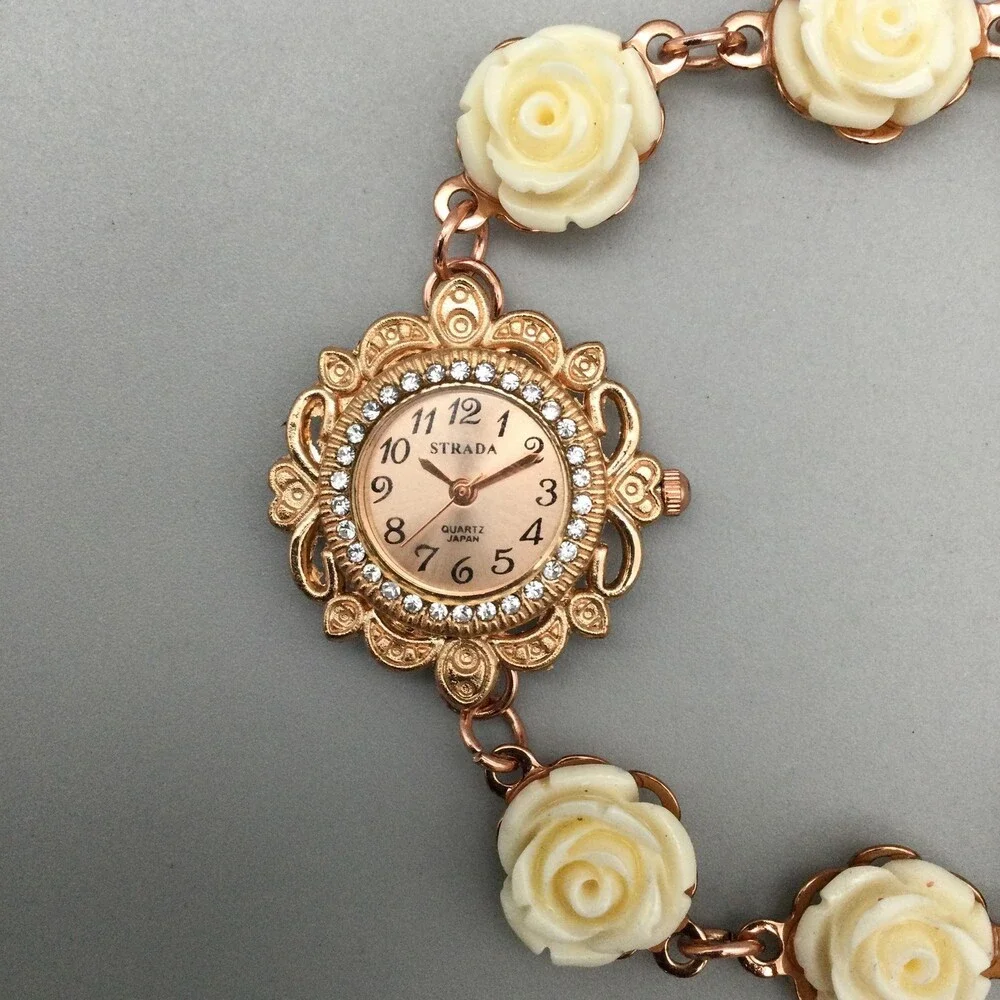 Strada Women Watch 29mm Rose Gold Dial Cream Rose Flower Bracelet New Battery 8
